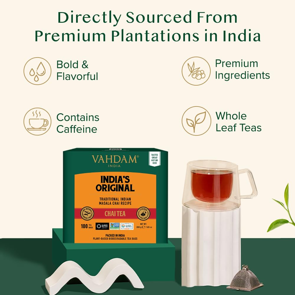 VAHDAM full leaf pyramid tea bags unfurling during steep