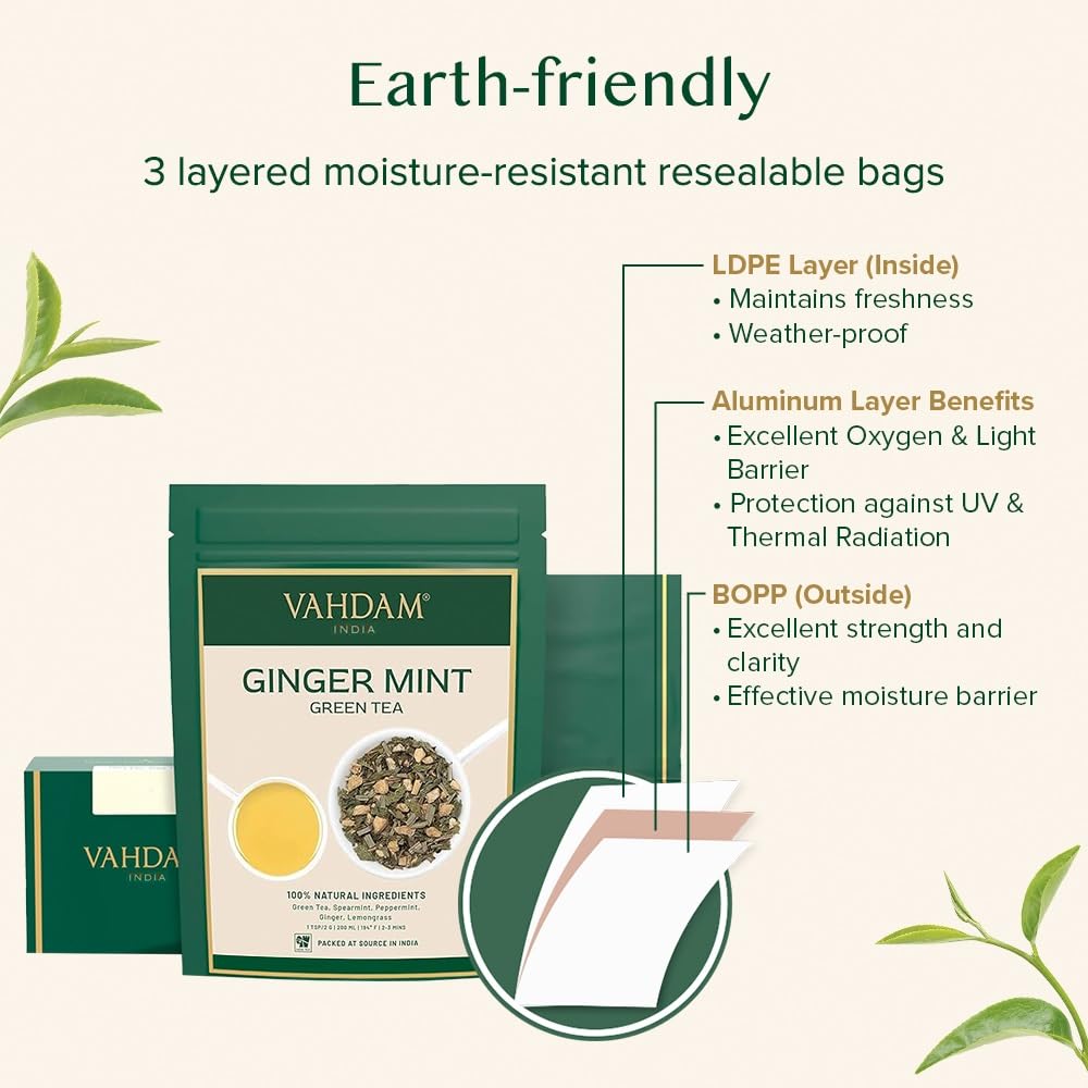 VAHDAM Ginger Mint Green Tea cup serving offers 50+ cups