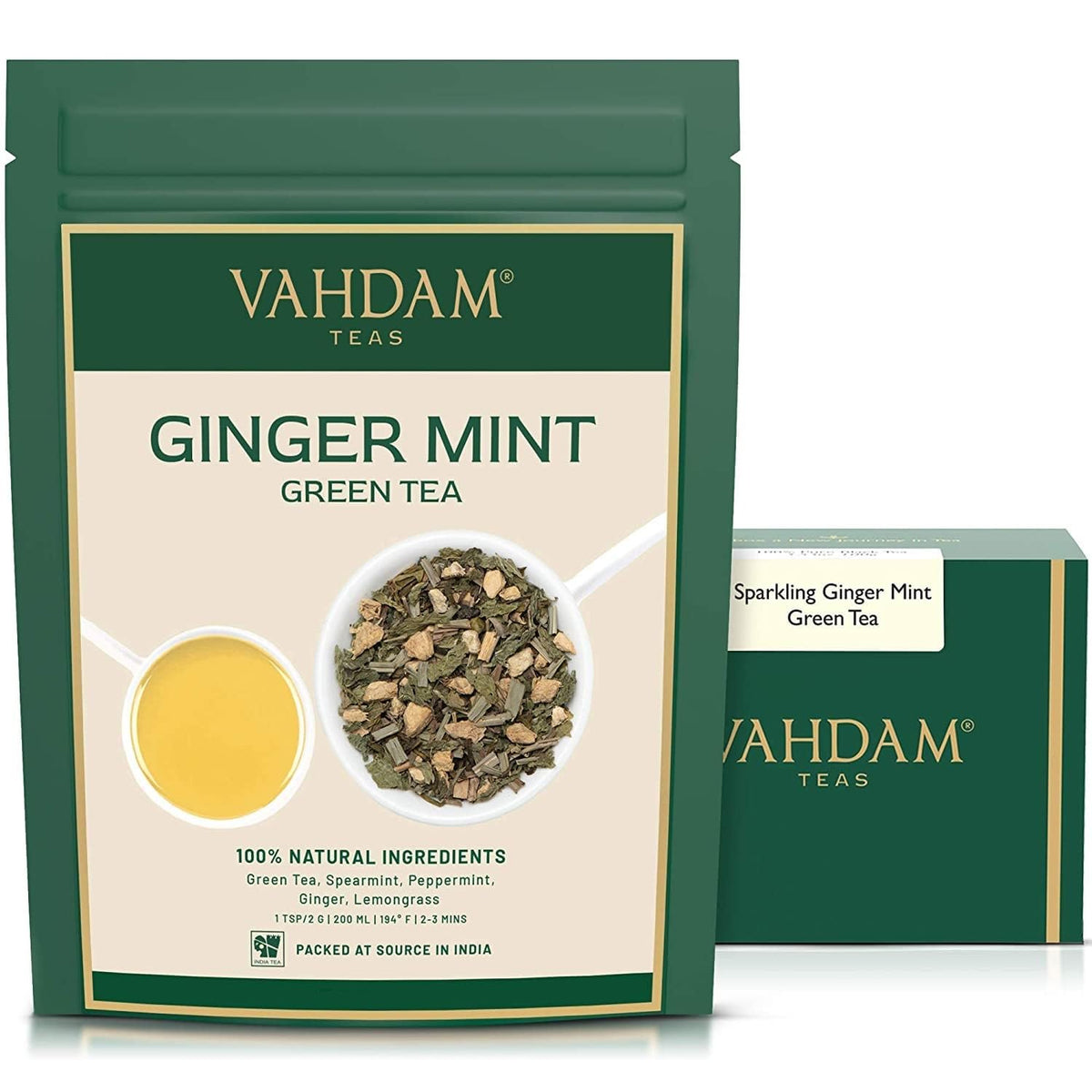VAHDAM Ginger Mint Green Tea loose leaf in resealable bag for lasting freshness