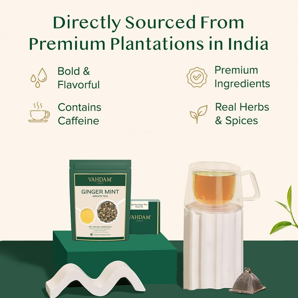 VAHDAM Ginger Mint Green Tea packaging showing plantation origin