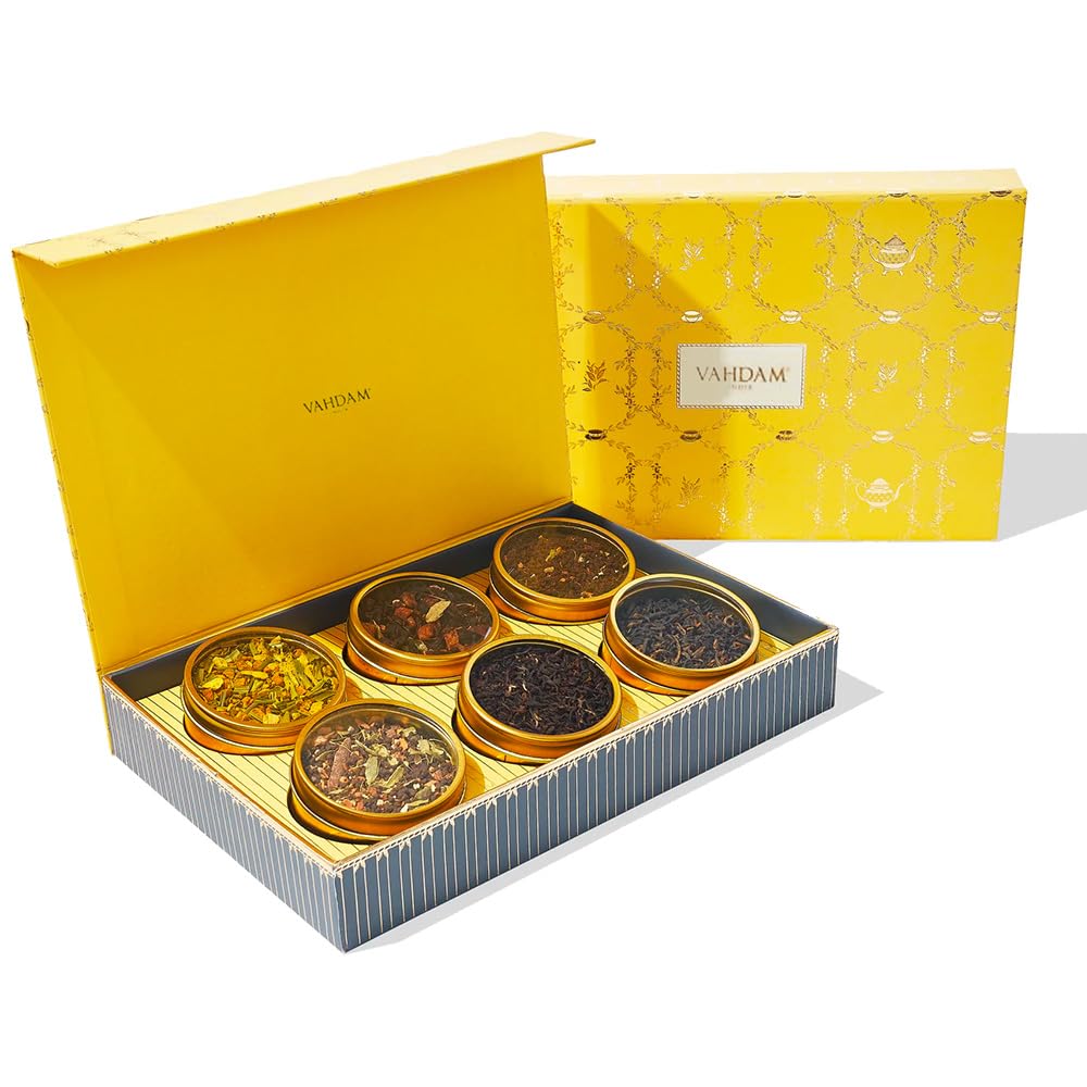 VAHDAM Glow gold tin caddy showcases premium loose leaf tea for gifting.