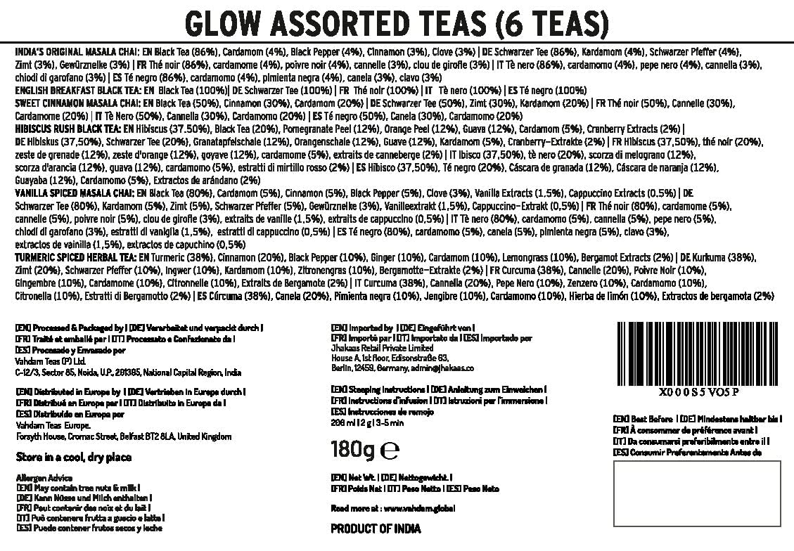 VAHDAM Glow Turmeric Spice Herbal Tea Tisane for soothing herbal flavor.