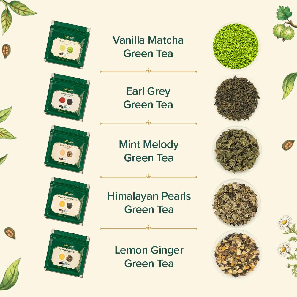 VAHDAM green tea collection loose leaf pouches for daily rituals.