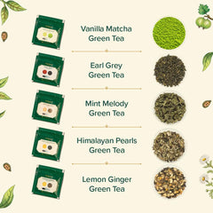 VAHDAM green tea collection loose leaf pouches for daily rituals.
