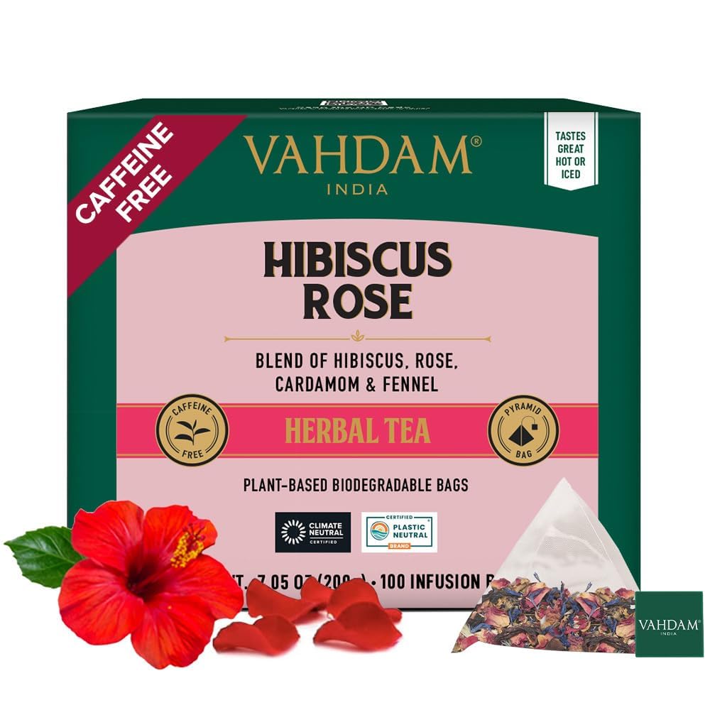 VAHDAM hibiscus rose tea bags in resealable pouch preserve freshness