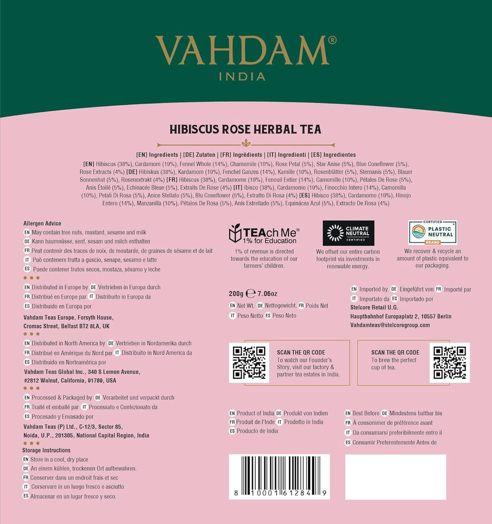 VAHDAM hibiscus rose tea box open on table