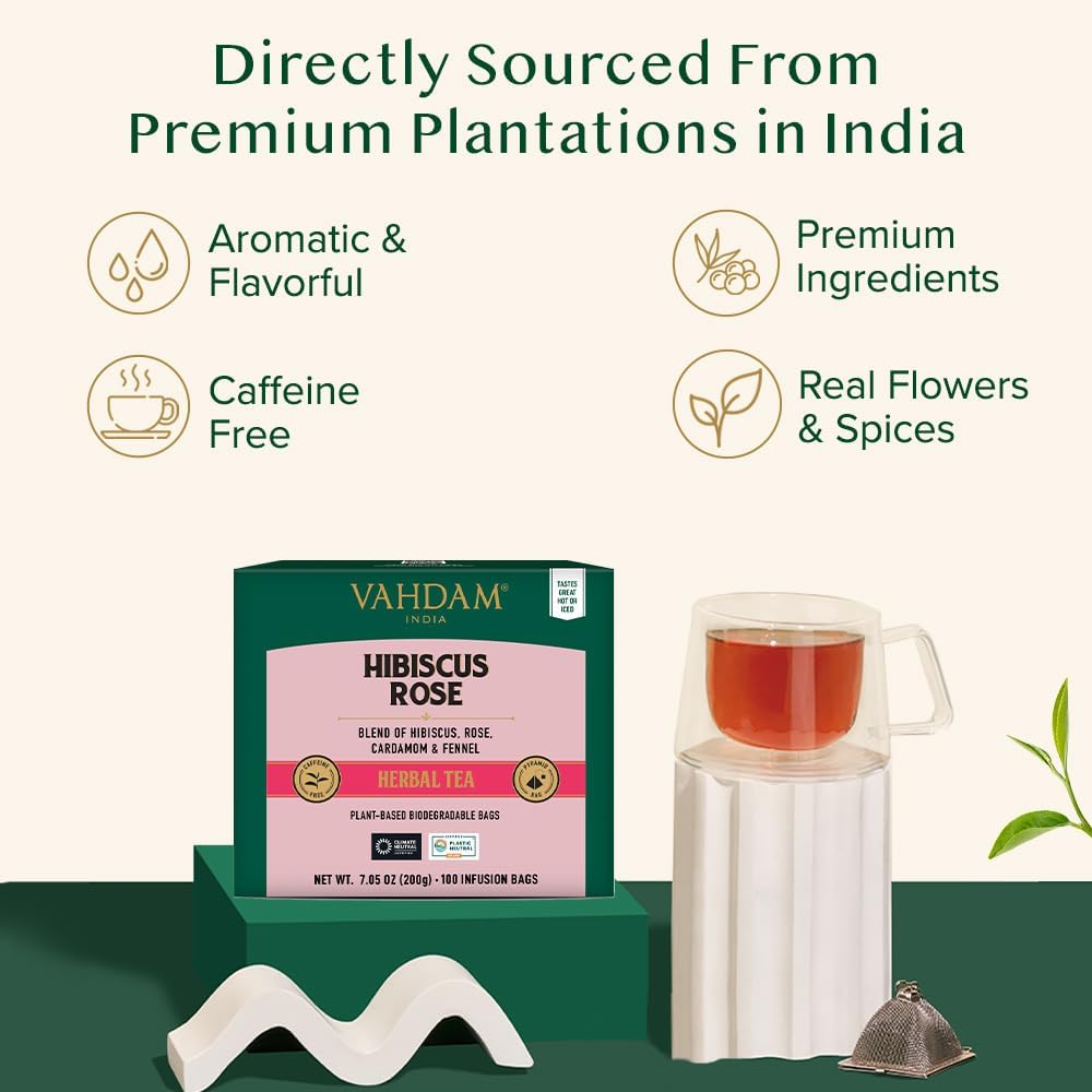 Chamomile flowers shown in VAHDAM hibiscus rose tea