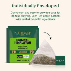 VAHDAM Himalayan Green Tea leaf closeup highlights premium leaf quality.