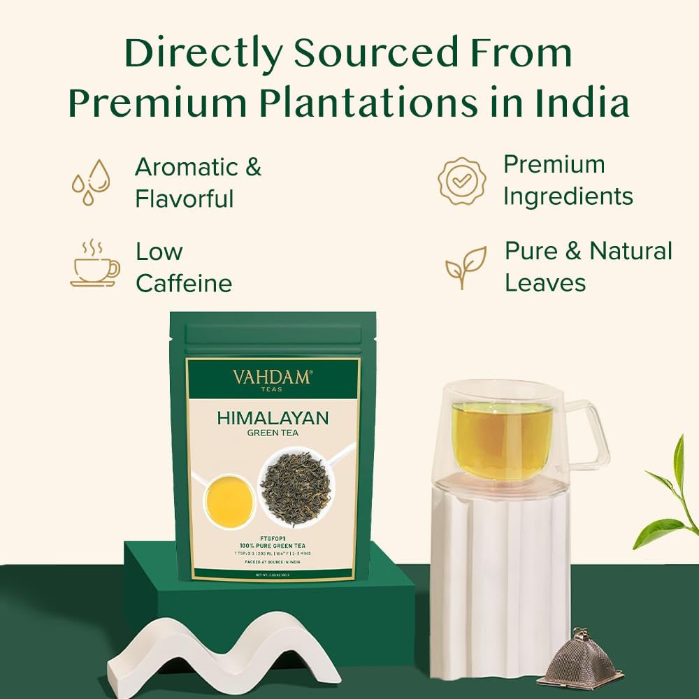 VAHDAM Himalayan Green Tea leaves cup brew shows smooth, mellow notes