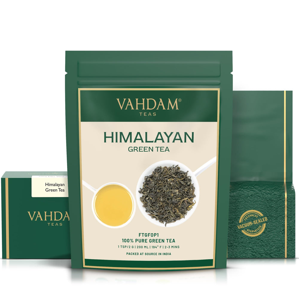 VAHDAM Himalayan Green Tea leaves high-elevation harvest with vibrant leaves