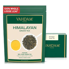 VAHDAM Himalayan Green Tea leaves loose-leaf in a bowl with bright aroma