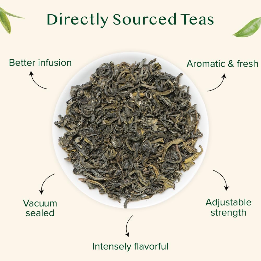 VAHDAM Himalayan Green Tea leaves packaging closeup highlights care