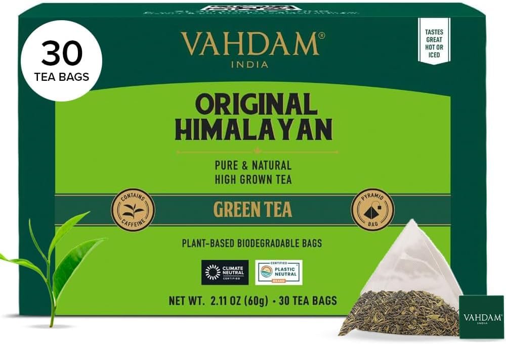 VAHDAM Himalayan Green Tea pyramid bags ready for a fresh brew.
