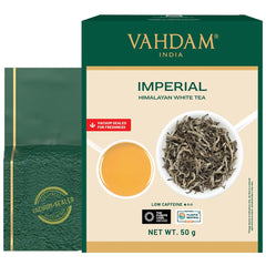 VAHDAM Imperial White Tea leaves in a cup, showcasing delicate aroma and bright cup clarity.