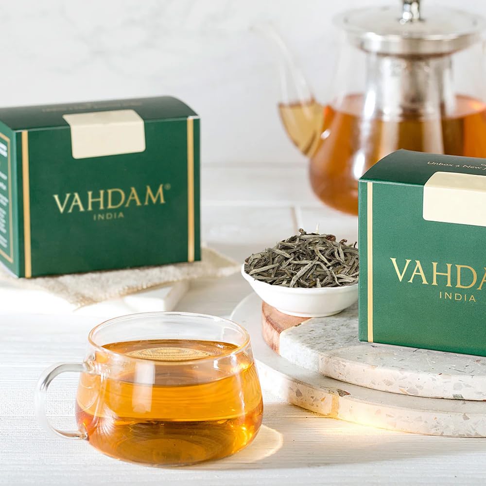 VAHDAM Imperial White Tea vacuum-sealed bag emphasizes lasting freshness and aroma.