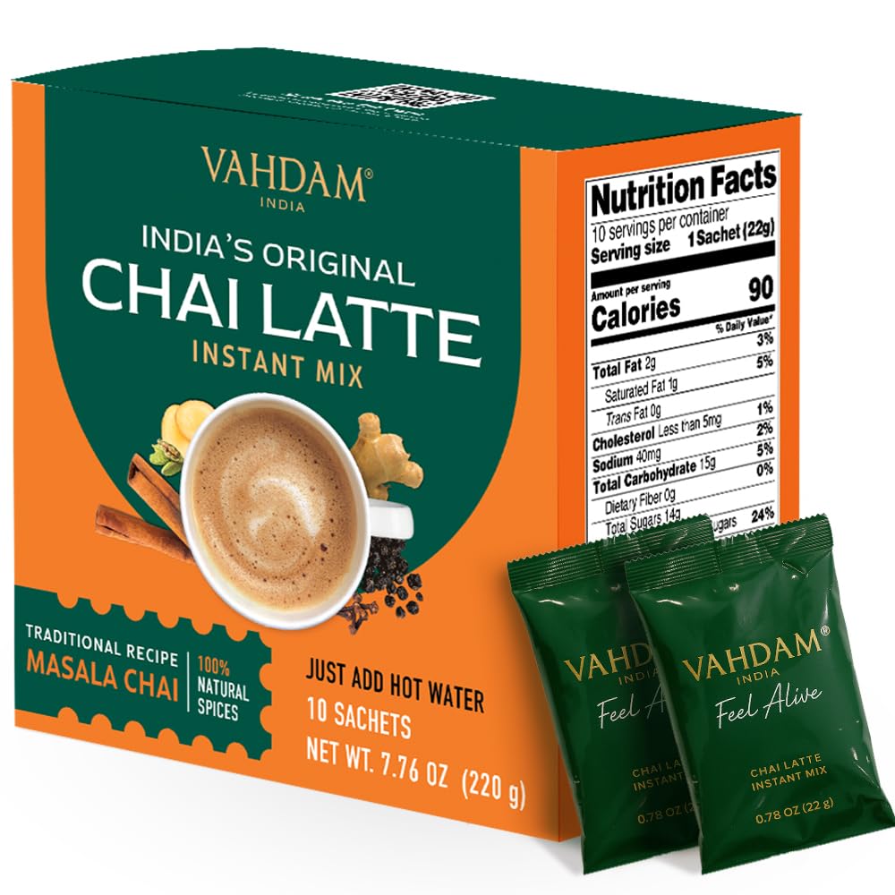 VAHDAM Instant Chai Latte packaging showcases ten sachets for easy home use