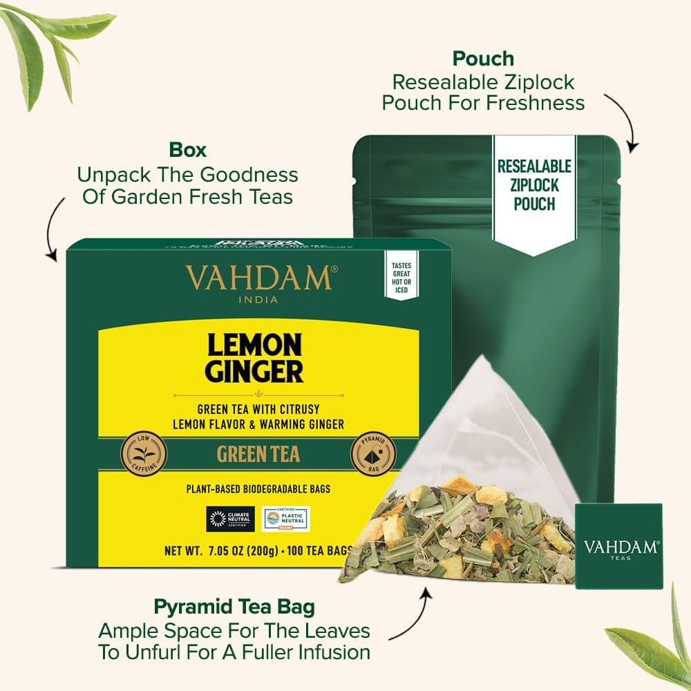 Orange peel accent adds citrus lift to VAHDAM Lemon Ginger tea.