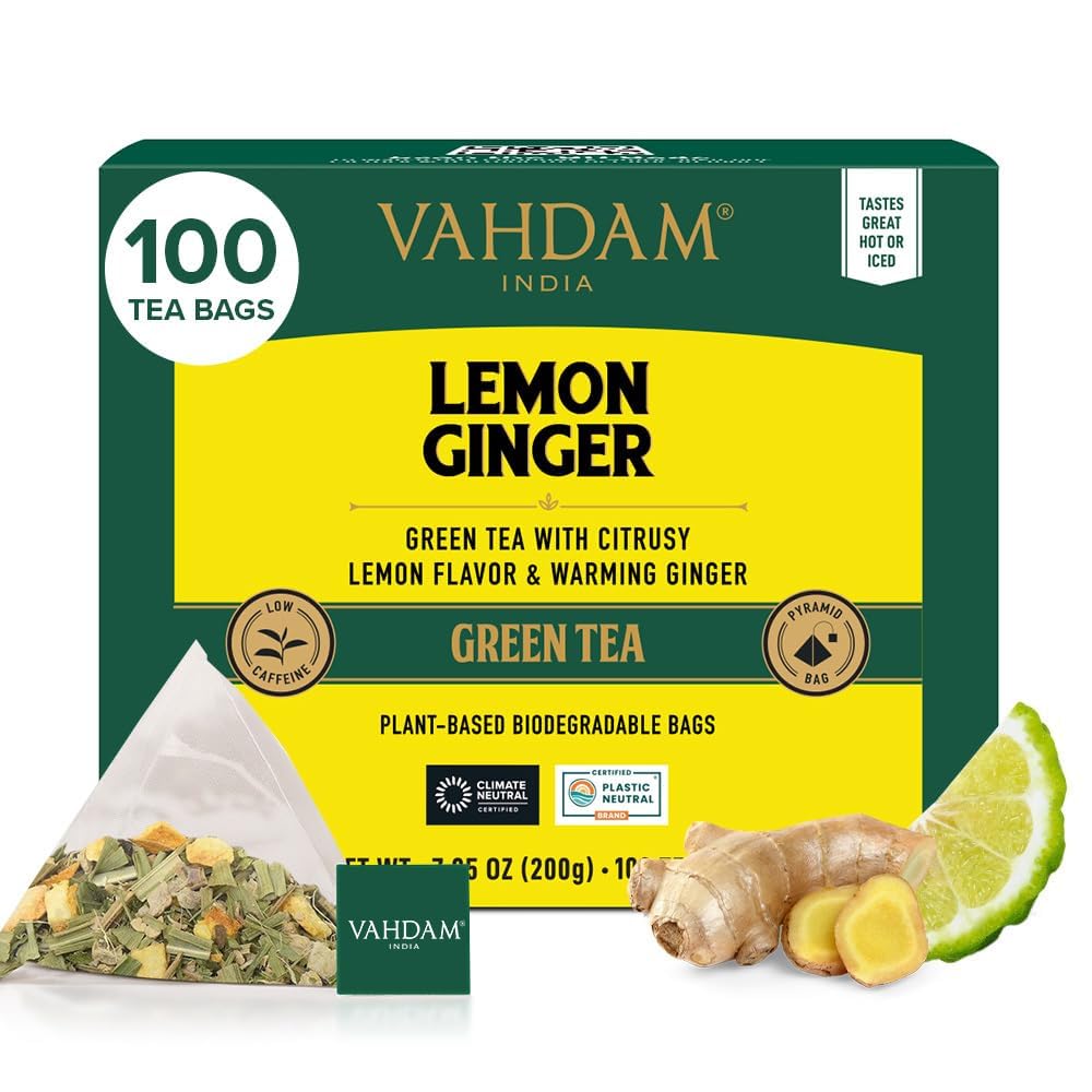 VAHDAM packaging with resealable pouch on Lemon Ginger tea bags for freshness.