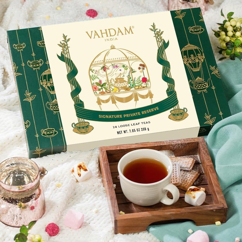 VAHDAM loose leaf tea varieties display for tasting sessions at home