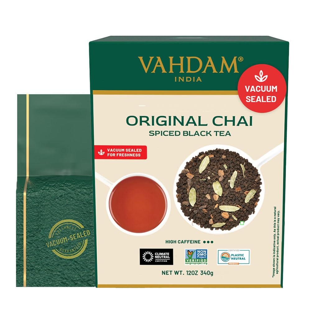 VAHDAM Masala Chai loose leaf packaging highlights fresh aroma in resealable pouch