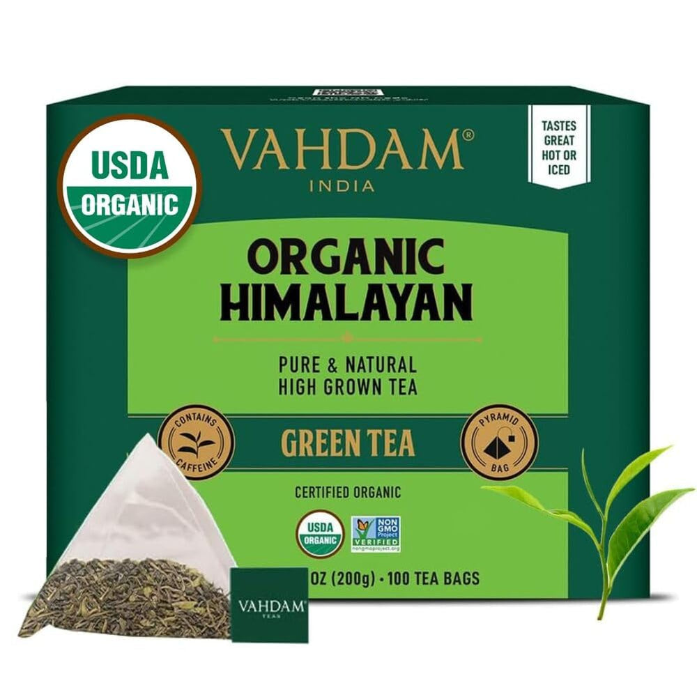 VAHDAM Organic Himalayan Green Tea pyramid bags steep for a smooth cup