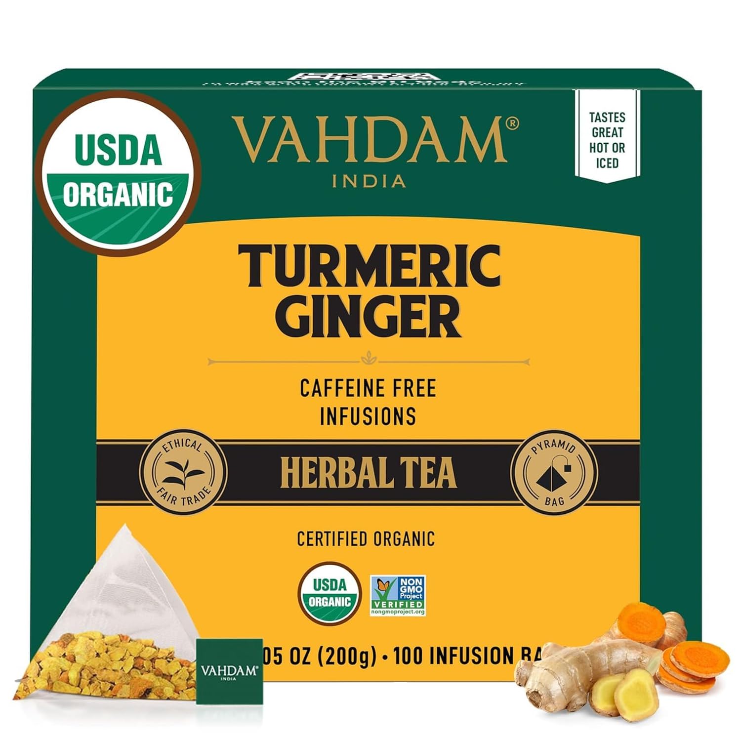 VAHDAM Organic Turmeric Ginger tea bags in packaging showcasing freshness