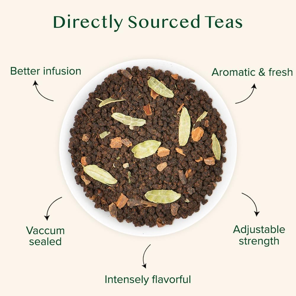 VAHDAM Masala Chai spice blend close-up shows cardamom, cinnamon and cloves for rich aroma.