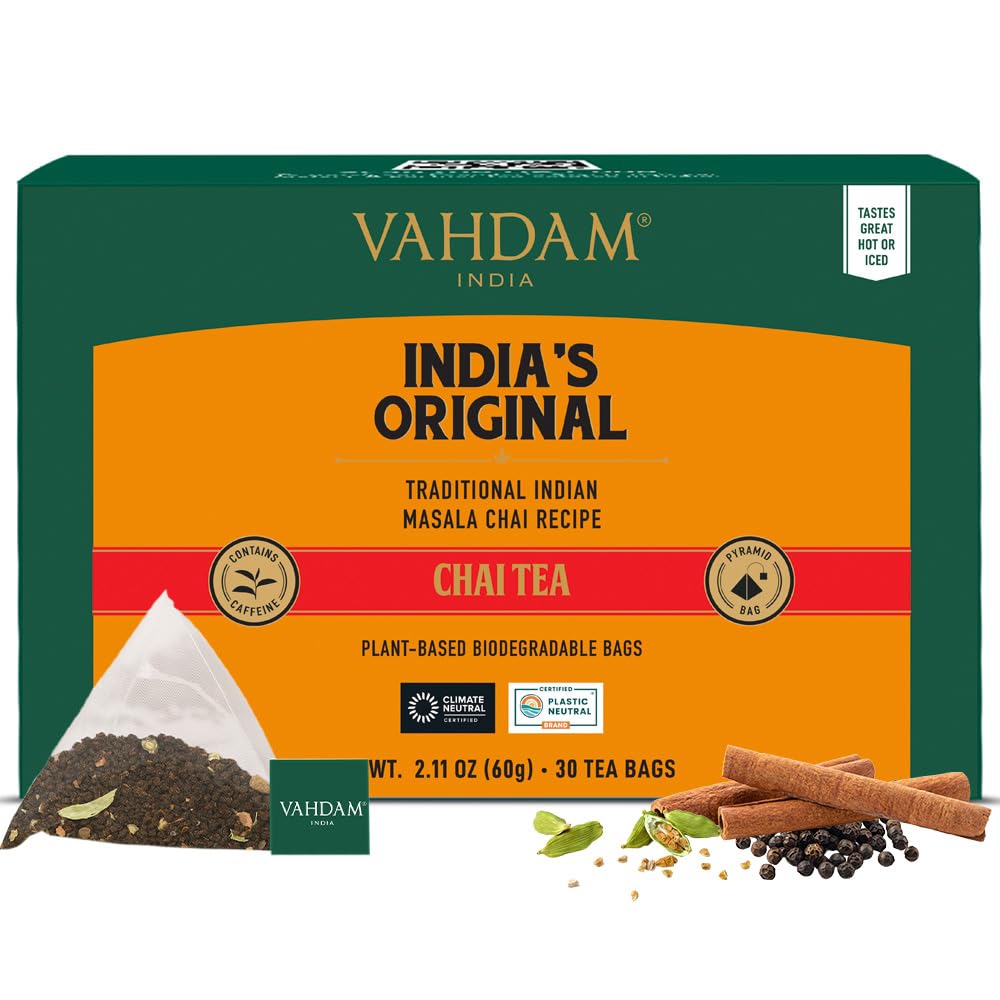 VAHDAM original Masala Chai pyramid bag shows bold spice aroma for morning boost.