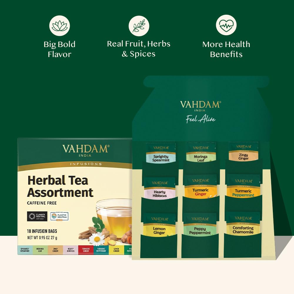 VAHDAM peppermint-chamomile variety soothes evenings with fresh, floral hints