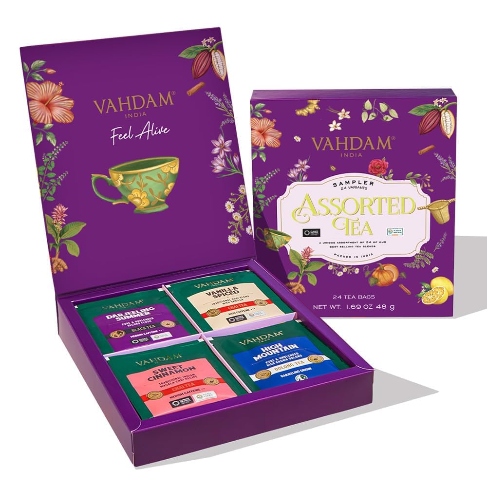 VAHDAM presentation box with 24 pyramid tea bags for gifting and sampling.