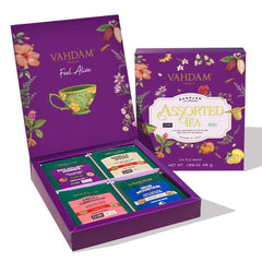 VAHDAM presentation box with 24 pyramid tea bags for gifting and sampling.