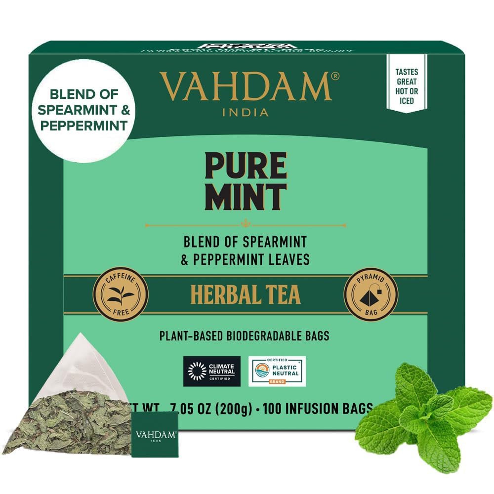 VAHDAM Pure Mint Herbal Tea pyramid bags for a bright, refreshing cup any time