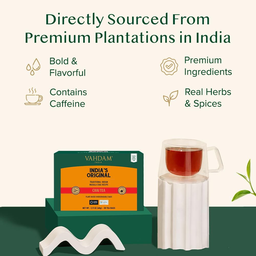 VAHDAM pyramid-tea-bags preserve freshness for a richer, fuller brew.