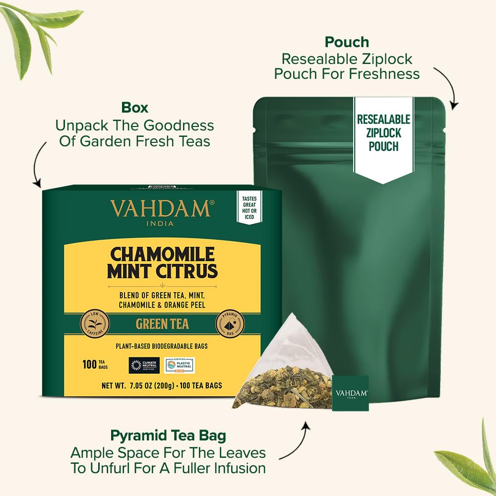 Pyramid tea bags unfurling inside VAHDAM blend