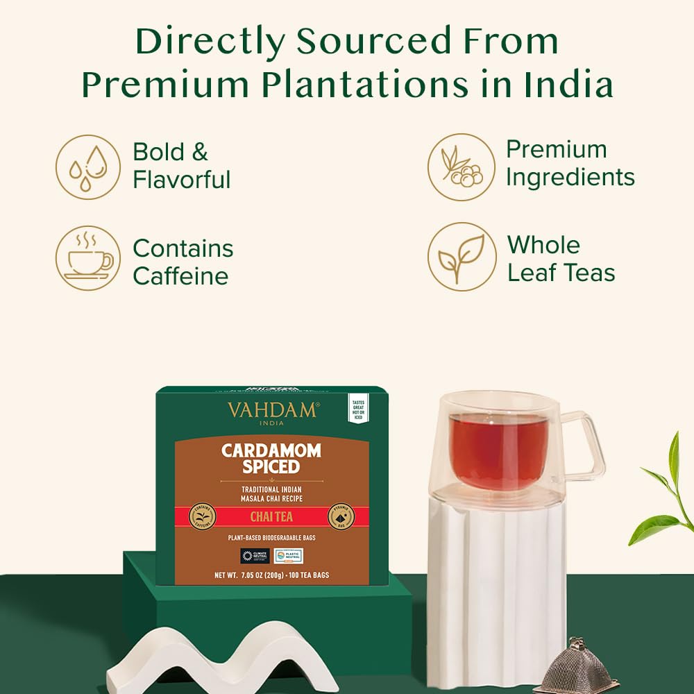 VAHDAM pyramid tea bags unfurling for rich flavor release.