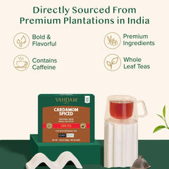 VAHDAM pyramid tea bags unfurling for rich flavor release.