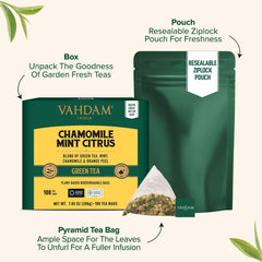 Pyramid tea bags unfurling inside VAHDAM blend