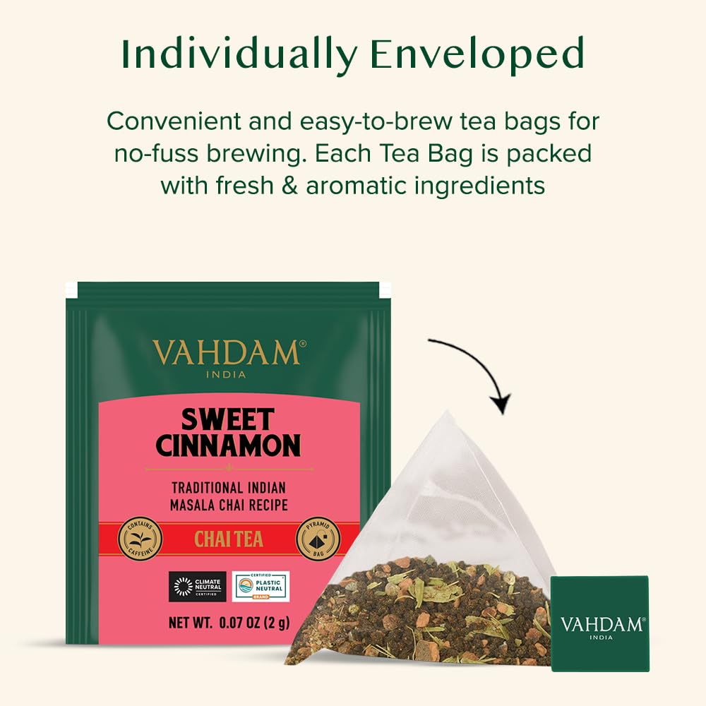 VAHDAM Sweet Cinnamon Tea brewing setup with tea and kettle ready.