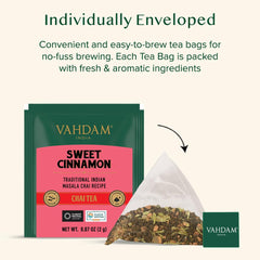 VAHDAM Sweet Cinnamon Tea brewing setup with tea and kettle ready.