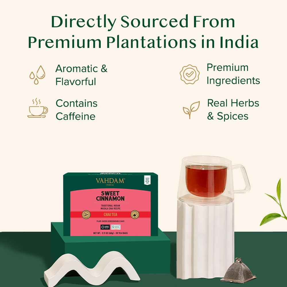 VAHDAM Sweet Cinnamon Tea individually wrapped bags preserve freshness.