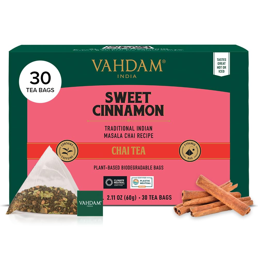 VAHDAM Sweet Cinnamon Tea pyramid bags for a rich, convenient infusion.