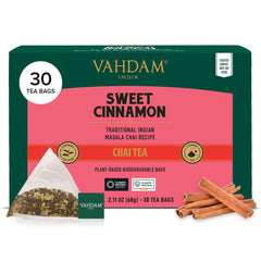 VAHDAM Sweet Cinnamon Tea pyramid bags for a rich, convenient infusion.