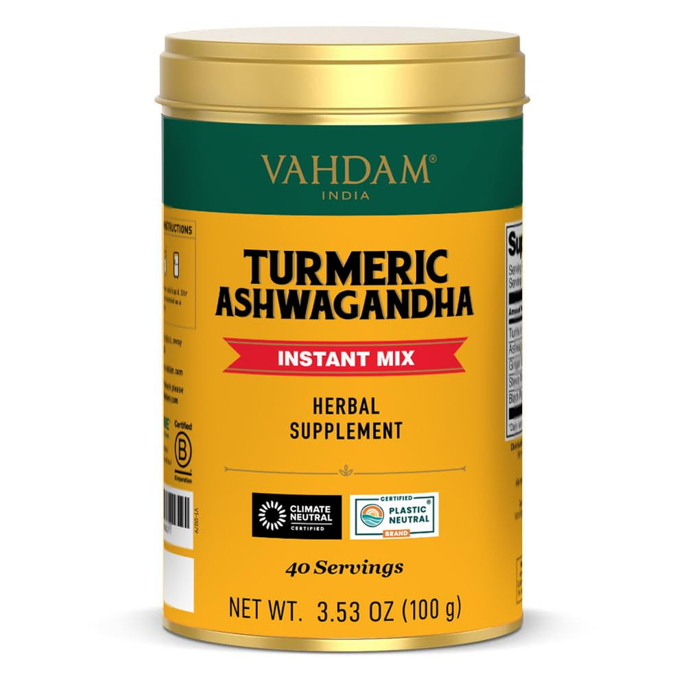 VAHDAM Turmeric Ashwagandha bottle showcasing premium herbal blend