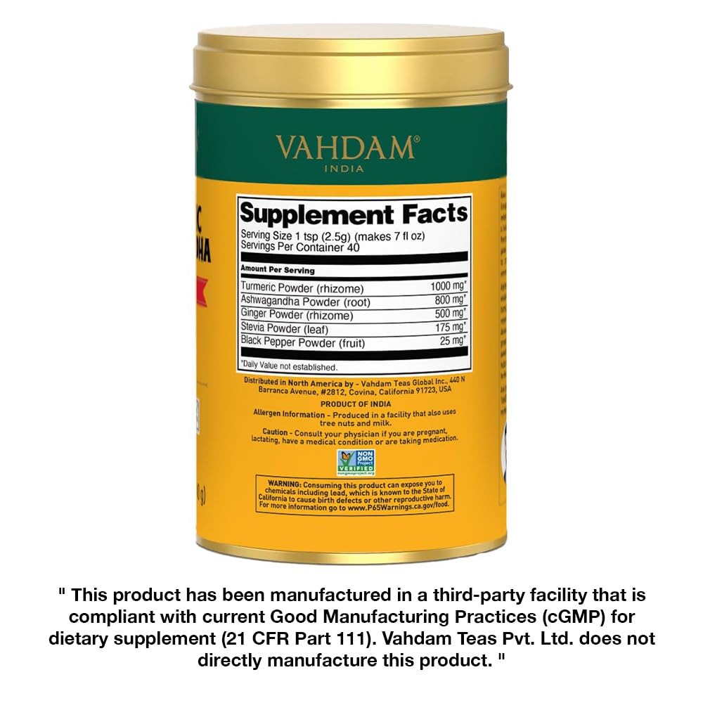 VAHDAM Turmeric Ashwagandha ingredients display emphasizing pure Indian sourcing