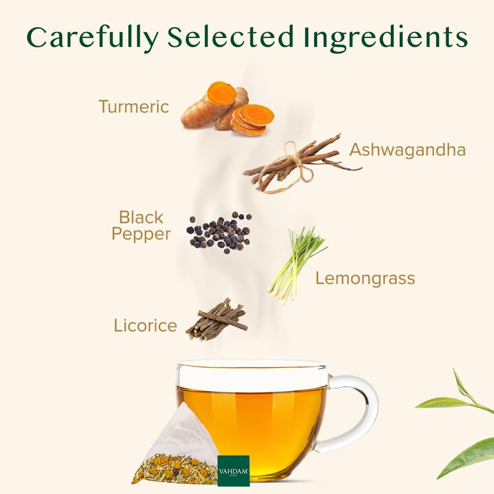 VAHDAM turmeric-ashwagandha tea bags open pack shows full-flavor pyramid bags.