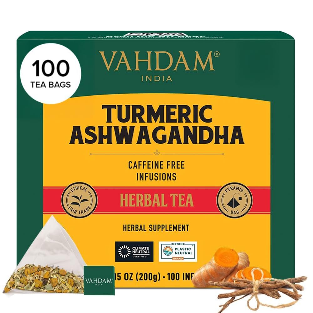 VAHDAM turmeric-ashwagandha tea bags packaging highlights premium, direct-from-farm blend.