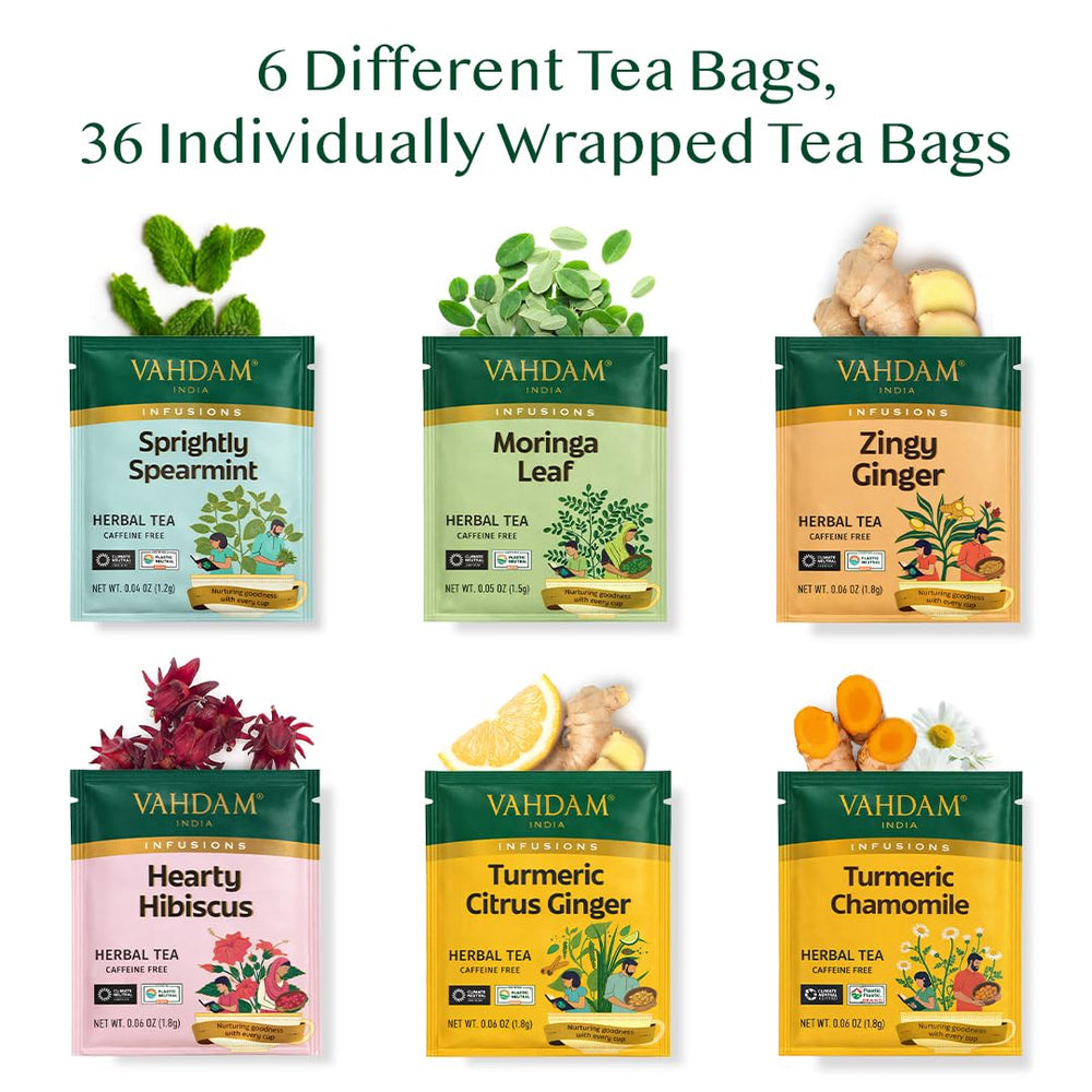 VAHDAM Turmeric Chamomile tea bag for calming spice and balance.