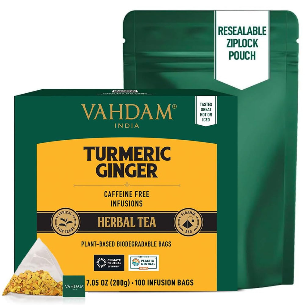 Brewing VAHDAM turmeric ginger tea yields a warm, earthy, zesty cup