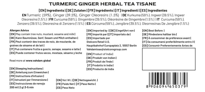 VAHDAM Turmeric Ginger Tea dry leaves closeup: rich aroma primed for a comforting cup.