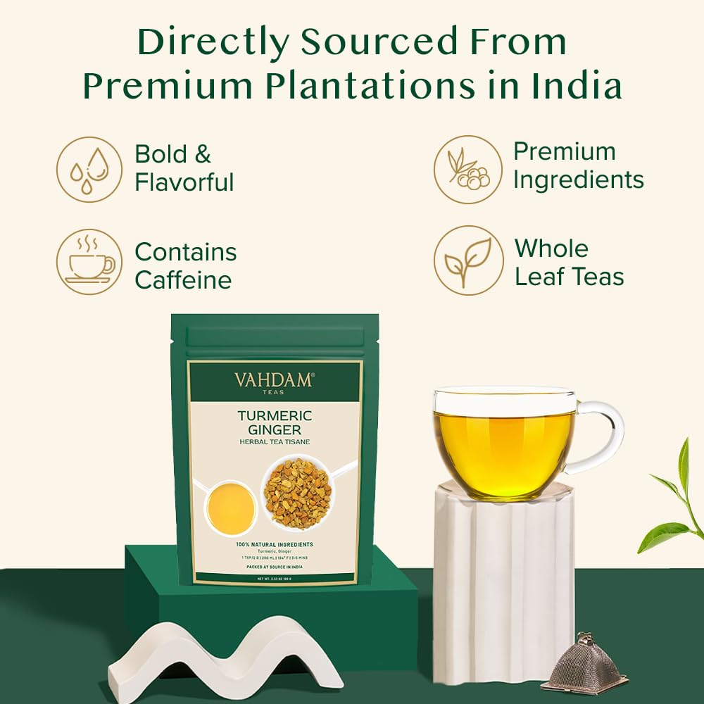 VAHDAM Turmeric Ginger Tea vacuum-seal bag: sealed freshness for longer shelf life.